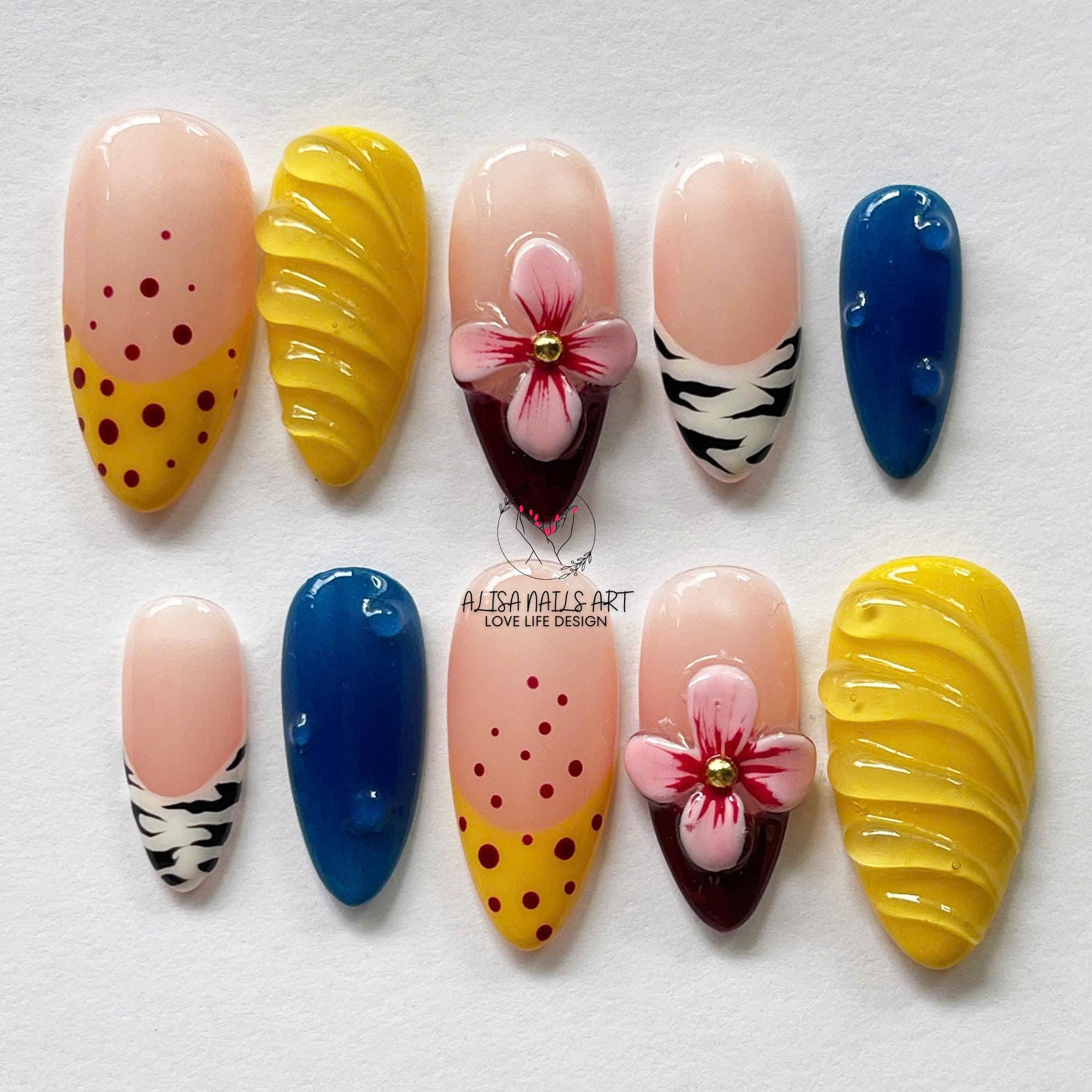 ネイルプリンター　ideas for nail art auto nail Tropical Handmade Press on Nails With 3D Flowers, Zebra Print