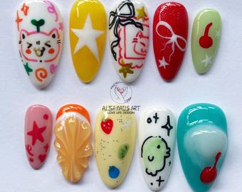 Hand-painted Lovely Cat Press On Nails, Freestyle Nail Set with Fruit, Fish, Summer Nail, Artistic Nail Design, Cartoon Nail, Fantasy Nails