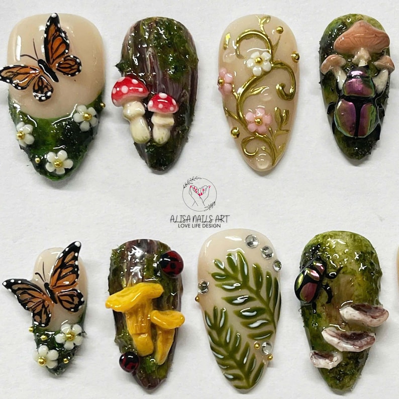cottagecore nails, forest press ons, mushroom nails, butterfly nails, fairy press on nails, 3D press on nails, woodland nails, nature nail art, garden nails, handmade nails, statement nails, botanical nails, fantasy nails