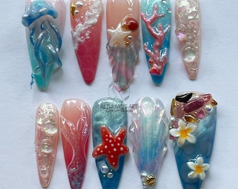 Hand-painted Ocean Inspired Press On Nails, Long Almond Nail Set with Starfish, Seashell, Flower Nails, Summer Nails, Holiday/Party Nails.