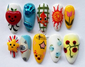 Vibrant Summer Press On Nails, 3D Shell, Fish, Fruit & Ocean-Inspired Nail Art, Party Nails, Vacation Nails, Beach Holiday Nails, Ocean Nail