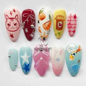 Whimsical Cats Press On Nails, Freestyle Almond Nail Set with Cats, Miffy, Fish, Artistic Cartoon Nail Designs, Perfect for Cat Lovers, Gift