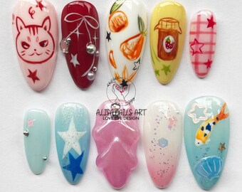 Whimsical Cats Press On Nails, Freestyle Almond Nail Set with Cats, Miffy, Fish, Artistic Cartoon Nail Designs, Perfect for Cat Lovers, Gift