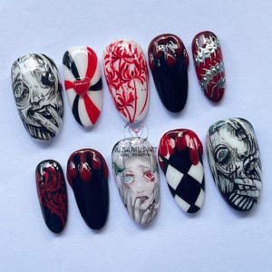 Custom Horror Anime Inspired Press On Nails, Gothic Creepy Nail Art, Red Black Manga False Nail, Unique Spooky Nail Design Set, Gift for Fan