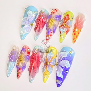 Fairy Garden Press On Nails, Luxury Long Stiletto Nail Set With 3D Fresh Flowers, Custom Fake/False Nails for Spring-Summer, Nail Designs.