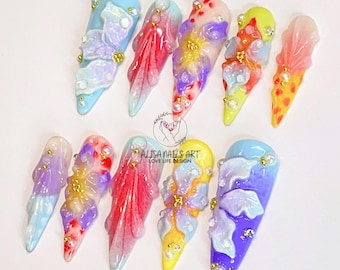 Paznokcie prasowane Fairy Garden Press On Nails, luksusowy zestaw długich paznokci typu stiletto ze świeżymi kwiatami 3D, spersonalizowane sztuczne paznokcie na wiosnę-lato, wzory paznokci.