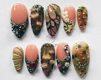 3D Forest Press On Nails, Handmade Mushroom Nail Art, Custom Reusable Nail Set