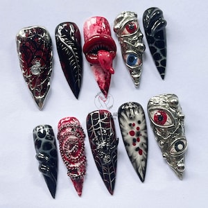 3D Handmade Halloween Horror Nails, Long Stiletto Nail Set with Spooky Eye, Tongue & Blood, Creepy Gothic Press On Nail for Costume, Cosplay