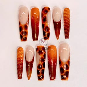 Freestyle Coffee Brown Press On Nails, Luxury Autumn Fake Nail, Fall Press On Nail, Long Nail, Holiday Birthday Event Nail Art, Gift for her