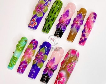 XL Coffin Orchid Garden Press On Nails, gorący trend letni zestaw do paznokci, paznokcie żelowe, 3D Floral Handmade Gel False Nails na urodziny, impreza świąteczna