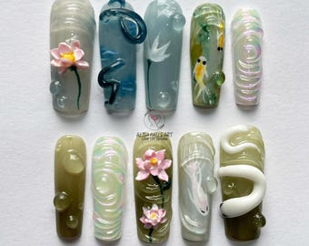 Wild Nature inspired Press On Nails, Trendy Asian Nail Art with Snake, Lotus, Japanese Koi Nails, Spring Nail, Tea Party Nails, Trendy Nails
