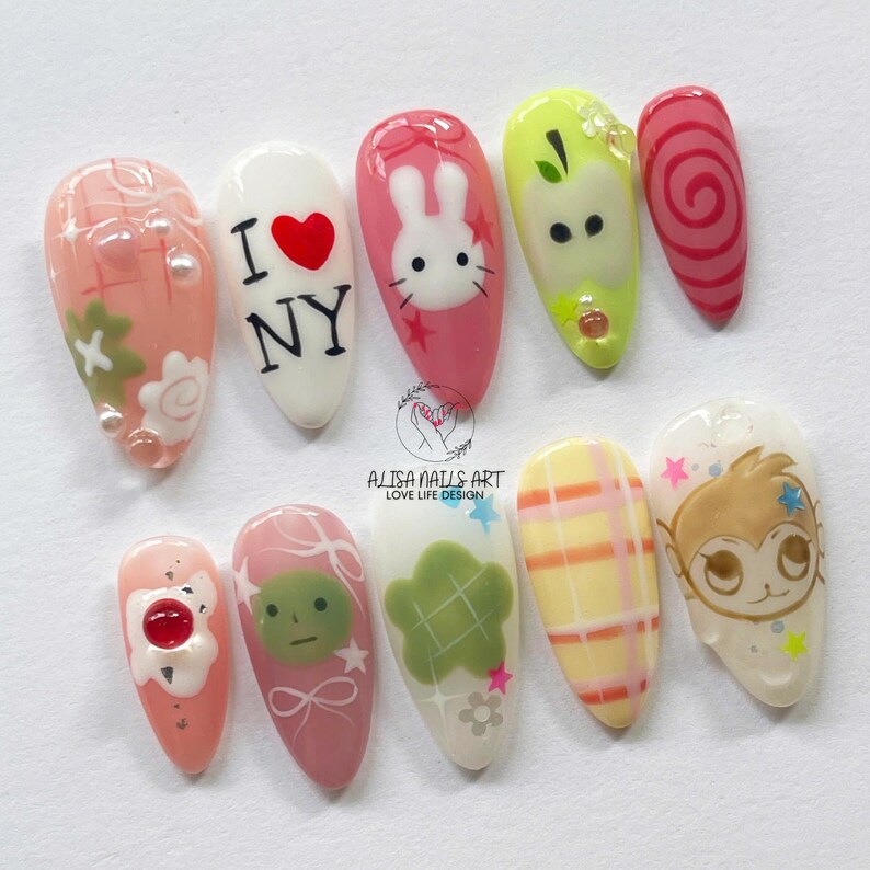 Cartoon Nails, Kawaii Nails, Pastel Nails, Unique Nails, Simski Nails, Handmade Nails, Custom Nails, Fantasy Nails, Colorful Nails, Star Nails, 3D Charm Nails, Cute Nails, Artistic Nails, Miffy Nails