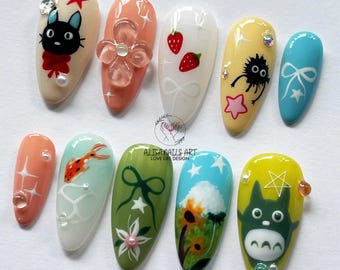 Funny Anime Press On Nails, Almond Nail Set with Totoro, Jiji Cat, Soot Sprite, Studio Ghibli Inspired Nail Set, Cute Kawaii Cartoon Nails.
