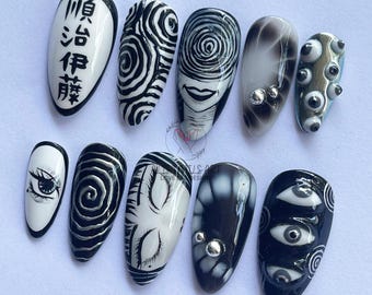 Handmade Horror Press On Nails, Uzumaki Inspired Halloween Fake Nails, Creepy Black White Spiral Nail Art, Spooky Gothic Almond Nail Set.