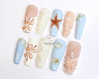 Custom Ocean-Inspired Press On Nails, Tropical Beach 3D Designs, Fake Nail with Flower, Seashell, Starfish, Gel Nail, Handmade Nail Press On