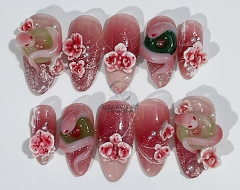 Sculpted 3D Pink Snake Press On Nails, Hand-painted Almond Nail Set with Snake, Lotus, Jade, Trendy Asian Nail Art, Chinese Nails, Holiday.