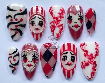 Harlequin Clown Press On Nails, Almond Halloween Nail Set With Red Black White Nail Art, Circus Carnival Costume Fake Nails, Cosplay Nails.