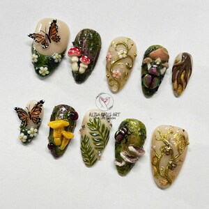 cottagecore nails, forest press ons, mushroom nails, butterfly nails, fairy press on nails, 3D press on nails, woodland nails, nature nail art, garden nails, handmade nails, statement nails, botanical nails, fantasy nails
