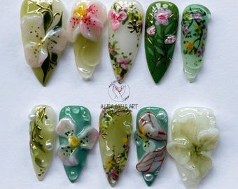 Unhas Secret Garden Press On pintadas à mão, conjunto de unhas estilo livre com orquídeas 3D, unhas de primavera, design artístico de unhas, edição limitada verde menta