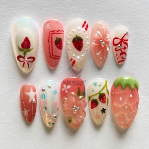 Unique Straberry Garden Press On Nails, Romantic Fake Nails, Valentine Almond Nail Set, 3D Flowers Nails Art, Pink Nails, Spring Nails, Gift