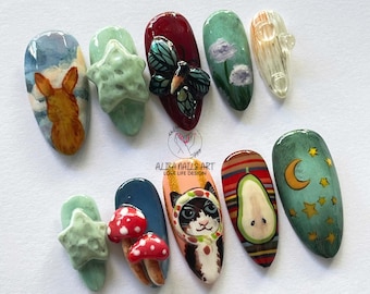 Whimsical Handmde Press On Nails, Cute Cat & Bunny Art Nails, Cottagecore Forest Mushroom Fairy Nails, Unique Indie Design, Gift for Her