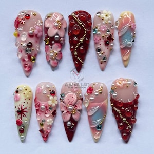Handgemachte 3D-Blumenpresse auf den Nägeln, niedliche Kirschblüten-Nailart, lange rotrosa Nägel, romantisches Nagelset, Kawaii Glitter Fake Nails für Frauen