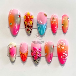 Handmade Bright Spring Nail Set with 3D Flower, Cheetah Print, French Tips, Ombre Fake Nail Art for Spring Look, Holiday, Party, Daily Nail