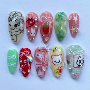 Whimsical Fantasy Cats Press On Nails, Freestyle Nail Set with Cats, Miffy, Fish,  Artistic Cartoon Nail Designs, Perfect for Cat Lovers.