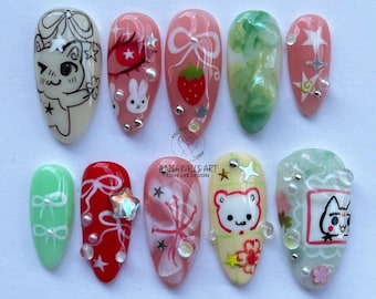 Whimsical Fantasy Cats Press On Nails, Freestyle Nail Set with Cats, Miffy, Fish,  Artistic Cartoon Nail Designs, Perfect for Cat Lovers.