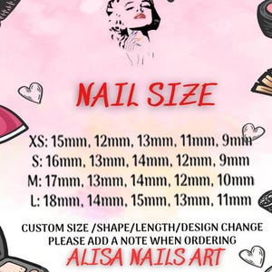 May include: Pink background with makeup-themed illustrations and text. The text reads "NAIL SIZE" in red, followed by size measurements in millimeters for XS, S, M, and L. The text also includes "CUSTOM SIZE / SHAPE / LENGTH / DESIGN CHANGE PLEASE ADD A NOTE WHEN ORDERING ALISA NAILS ART."