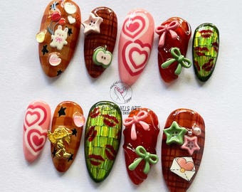 Romantische Valentijn pers op nagels, schattige rozerode set hart en strik, amandelnagelset, kawaii liefdesnagels, trendy nagels, feestnagels.