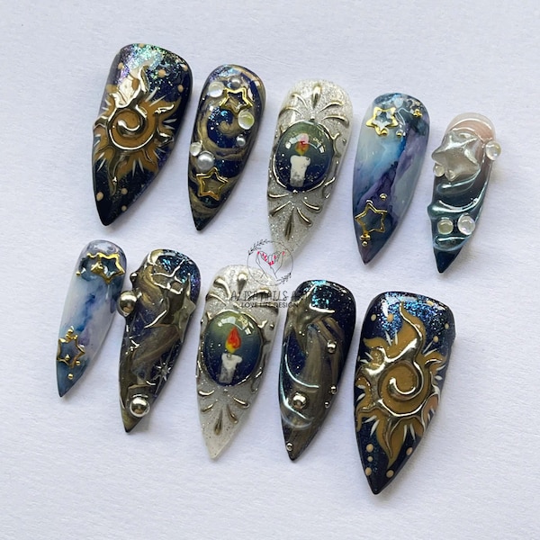 Celestial Sun Moon 3D Press On Nails, Handmade Galaxy Witchy Nail Set
