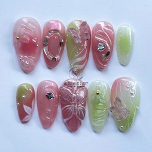 Blooming Spring Press On Nails, Fairy Tale Flower Almond Press On Nails, 3D Fairycore Nails with Glitter Butterfly, Dreamy Nails, Gel Nails.