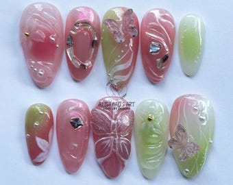 Blooming Spring Press On Nails, Fairy Tale Flower Almond Press On Nails, 3D Fairycore Nails with Glitter Butterfly, Dreamy Nails, Gel Nails.