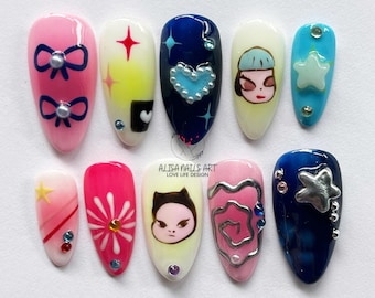 Yoshitomo Nara Almond Nail Set, Handmade Japanese Nails, Custom