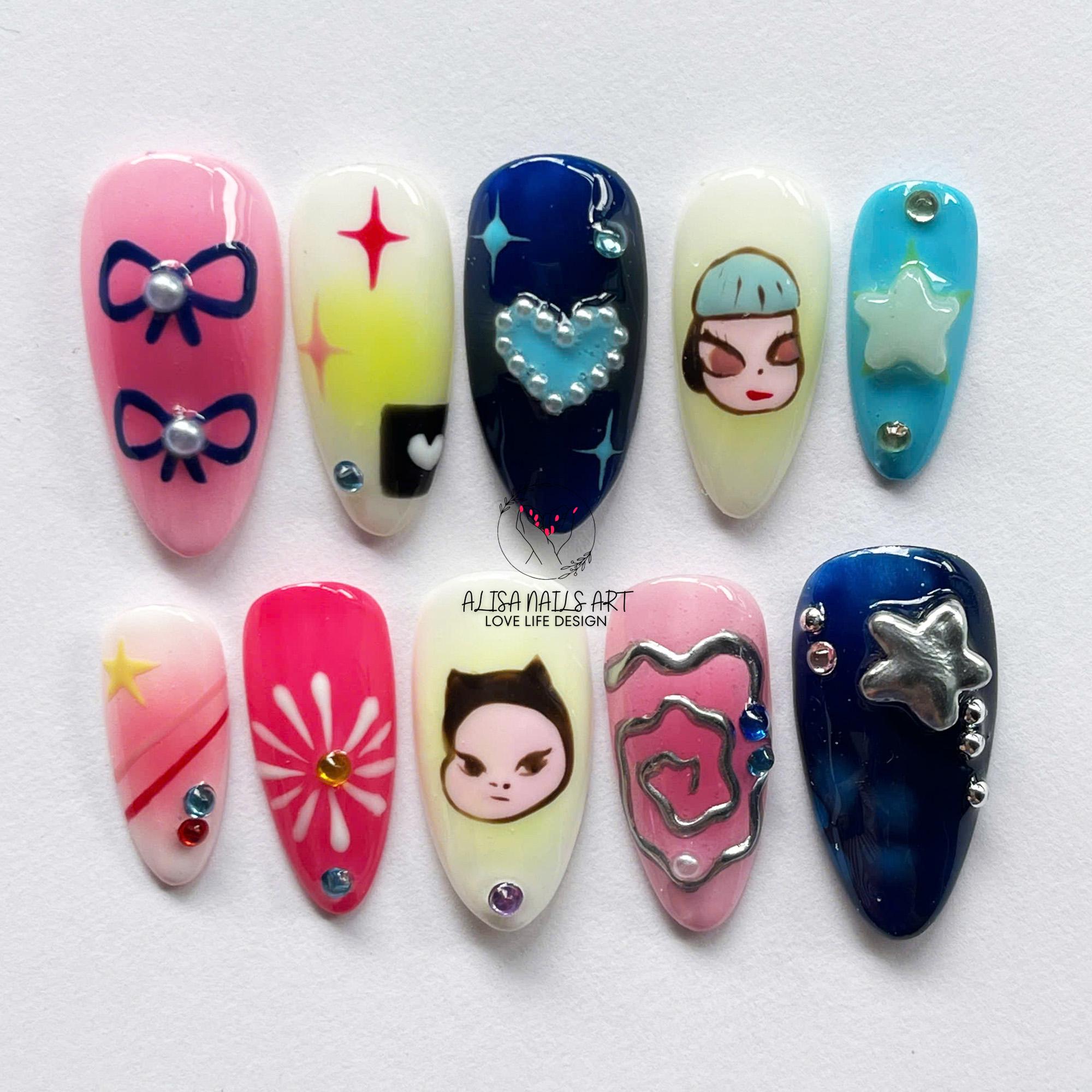 Y2K Yoshimoto Nara Press-on Nails, Japanese Inspired Almond Nail