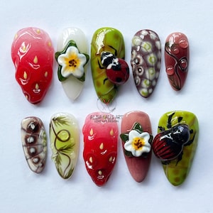 Ladybug Limited Edition Nail Set, Unique Hand-Painted Summer Press On Nails, Artistic & Eye-Catching Nails, Trendy Fruit Nail, Tortoise Nail