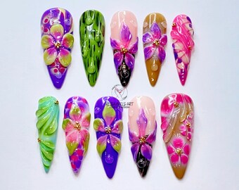 Paznokcie prasowane Orchid Garden Press On Nails, najmodniejszy zestaw do paznokci na lato, trójwymiarowe, ręcznie robione, żelowe sztuczne paznokcie z kwiatowym wzorem na urodziny, imprezę, wakacje, prezent.