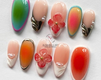 Verloop zonsondergang kleuren pers op nagels, amandelnagelset met 3D-rode bloemen, zomerstrandnagelkunst, herbruikbare kunstnagels, vakantienagels.
