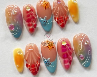 Hand-painted Beach Inspired Press On Nails, Almond Nail Art Set with Starfish, Seashell, Flower Nails, Summer Nails, Holiday/Party Nails.