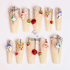 Merry Christmas Press On Nails, Long Coffin Christmas Nails, Handmade 3D Nail Set with Santa, Reindeer, Cute Olaf for Christmas Holiday.