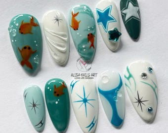 Ocean Theme Press On Nails, Hand-Painted Koi Fish, Stars & Water Art , Blue White Teal Reusable Nails, Spring Nails, Custom Aquatic Nail Set