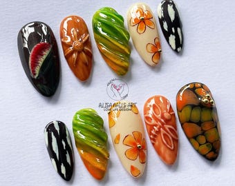 Handgjorda naturpressnaglar med 3D-blommor, lövvirvlar och botaniska mönster, unikt konstnärligt nagelkonstset, anpassade höstblommornaglar