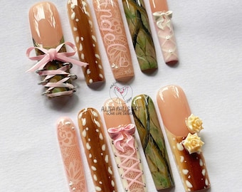 Deer Press On Nails, XL Square Nails, Brown Forest Woodland Lace Bow Floral Nail Art Set, Handmade Nature Nails, Autumn Nails, Trendy Nails