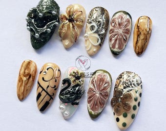 Uñas postizas románticas vintage de San Valentín con flores esculpidas, diseño de cisne y perla, hechas a mano.