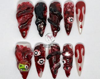 Faux Ongles Gothiques Halloween - 10 Pièces Longs, Style Horreur, Pour Déguisement Et Fête Masquée