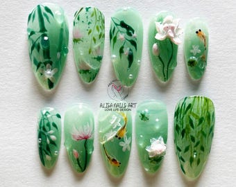 Trendy Asian Nail Art Inspired, Lotus and Koi fish Press On Nails, Tea Party Nails, Japanese Koi Nails, Spring Nails, Green Almond Nail Set.