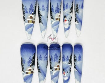 Winter Wonderland Press On Nails, Custom Christmas Night XL Long Stiletto Fake Nail Set with Snowman White Snowflake, Christmas Nail Designs