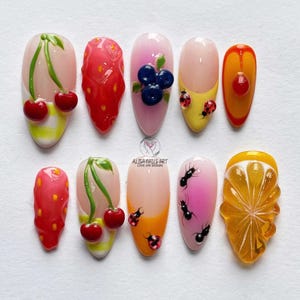 Jelly Fruit Inspired Press On Nails, 3D Summer Theme Fake Nails with Cherry, Citrus, Insect, Handmade Press On Nails for Summer Vibes, Gifts