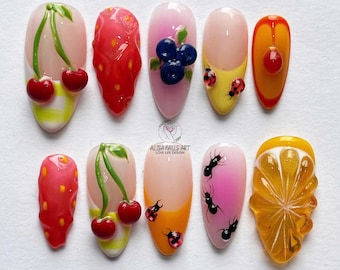 Jelly Fruit Inspired Press On Nails, 3D Summer Theme Fake Nails with Cherry, Citrus, Insect, Handmade Press On Nails for Summer Vibes, Gifts